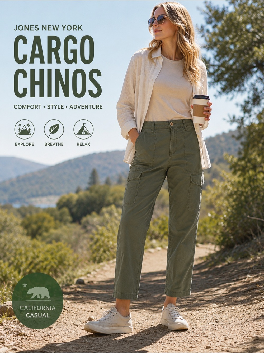 Jones New York Olive Cargo Chino Pants Womens Size 10 Utility Straight Leg